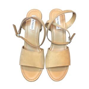 NWT Steven Madden Tan Khaki Sandals Open Toe Back Cross Straps Wide Wedge Sz: 10